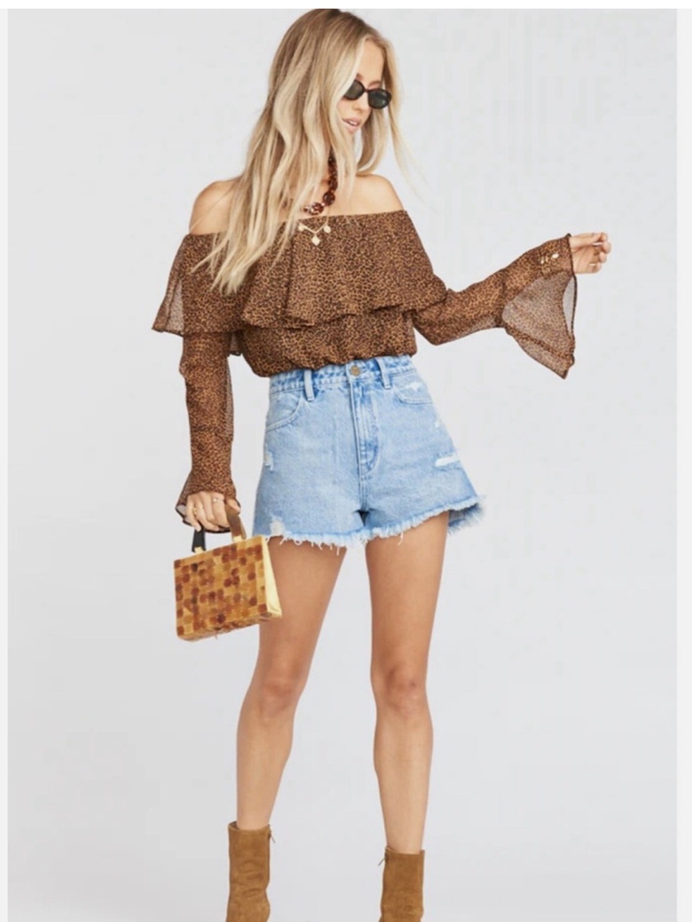 Show Me Your MuMu Brown Leopard Off-Shoulder Love Spell Ruffle Crop Top - Picture 4 of 15